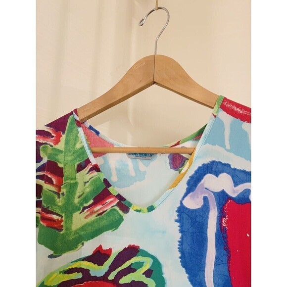 VTG Jams World Abstract Watercolor Big Floral Cut Out Shoulder Shift Dress XS - Picture 3 of 5